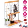 4-Tier Tabletop Wooden Jewelry Display Stand Necklace Accessories Holder Organizer Rack Hanger with Ring Tray 8 Hooks 24 Earring Holes