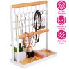 4-Tier Tabletop Wooden Jewelry Display Stand Necklace Accessories Holder Organizer Rack Hanger with Ring Tray 8 Hooks 24 Earring Holes