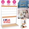 4-Tier Tabletop Wooden Jewelry Display Stand Necklace Accessories Holder Organizer Rack Hanger with Ring Tray 8 Hooks 24 Earring Holes