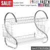 2-Tier Dish Rack Chrome-plated Steel Kitchen Drying Rack w/ Cup Drainer Cutlery Holder Removable Plastic Drainboard