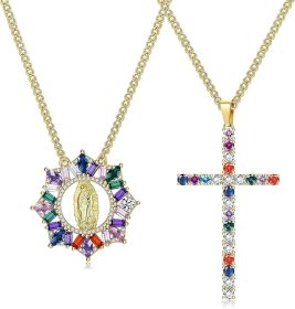 18K Gold Plated Cross Necklace for Women Virgin Mary Pendant Necklace Rainbow Cubic Zirconia Inlaid Catholic Christian Jewelry