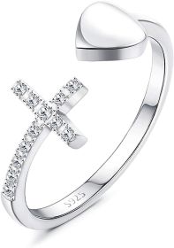 925 Sterling Silver Adjustable Cross Rings for Women Men Love CZ Stackable Open Ring Sideways Cross Christian Religious Ring