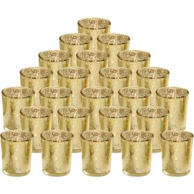 24Pcs Golden Votive Tealights Candle Holders Mercury Glass Shinny Candle Holders For Wedding Birthday Party Home Decoration Table Centerpiece