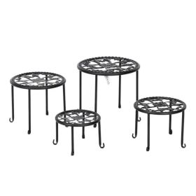 4-Pack Matte Black Round Plant Stands with Floral Design - Durable Metal Flower Pot Holders for Indoor Home Garden Decor