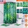 4Pcs Green Leaves Shower Curtain Set with Shower Curtain and 12 Hooks Non-Slip Rug Toilet Lid Cover U Shape Mat