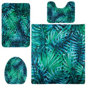 4Pcs Green Leaves Shower Curtain Set with Shower Curtain and 12 Hooks Non-Slip Rug Toilet Lid Cover U Shape Mat (Option: B046)