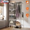 Portable Closet Wardrobe Clothes Storage Cabinet Organizer Garment Hanging Rack Shelves with 4 Storage Bags 1 Shelf 1 Hanging Rod 4 Hooks