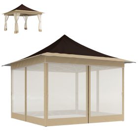 12 X 12 Ft. Canopy Tent With Mesh Netting, Up Tent With Carry Bag For Garden, Patio, Brown (Color: Brown)