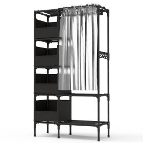 Portable Closet Wardrobe Clothes Storage Cabinet Organizer Garment Hanging Rack Shelves with 4 Storage Bags 1 Shelf 1 Hanging Rod 4 Hooks (Option: Black)