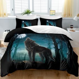 Moon Wolf Bedding Green Watercolor Forest Wolf Landscape Duvet Cover Sets 3 Pieces Wild Animal Bedding Set Twin Full Queen King Size (Option: Twin-Black)