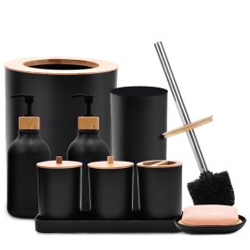 9Pcs Bathroom Accessories Set Trash Can Lotion Soap Dispensers Q-tip Holders Toothbrush Holder Soap Dish Vanity Tray Toilet Brush Black White (Option: Black)