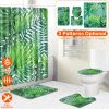 4Pcs Green Leaves Shower Curtain Set with Shower Curtain and 12 Hooks Non-Slip Rug Toilet Lid Cover U Shape Mat