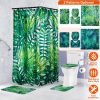 4Pcs Green Leaves Shower Curtain Set with Shower Curtain and 12 Hooks Non-Slip Rug Toilet Lid Cover U Shape Mat