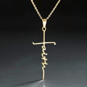 1pc New Stainless Steel Christian Cross Faith Word Church Prayer Religious Pendatn Necklace (Color: Golden)