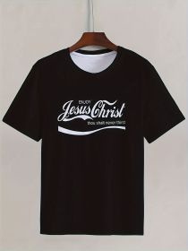 Men's Casual Round Neck T-shirt With Jesus Christ Pattern, Slightly Elastic, Regular Pattern, Geometric Pattern, Short Sleeved T-shirt (Color: Black, size: 4XL)