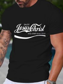Men's Casual Round Neck T-shirt With Jesus Christ Pattern, Slightly Elastic, Regular Pattern, Geometric Pattern, Short Sleeved T-shirt (Color: Black, size: S)