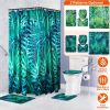 4Pcs Green Leaves Shower Curtain Set with Shower Curtain and 12 Hooks Non-Slip Rug Toilet Lid Cover U Shape Mat