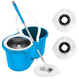 360° Spin Mop Stainless Steel Spin Mop Wringer Bucket Set Wet Dry Floor Mop Bucket w/ Easy Press Handle 2 Microfiber Mop Heads for Home Kitchen Floor (Option: BLU)